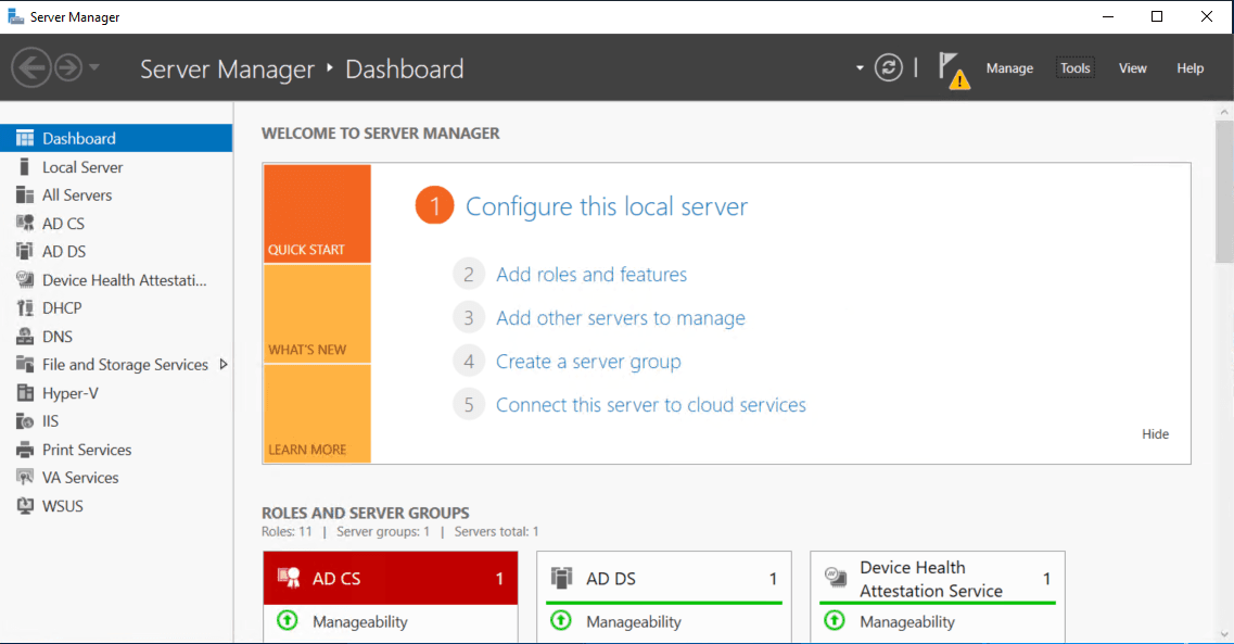 Windows Server Manager dashboard showing the managed domain environment
