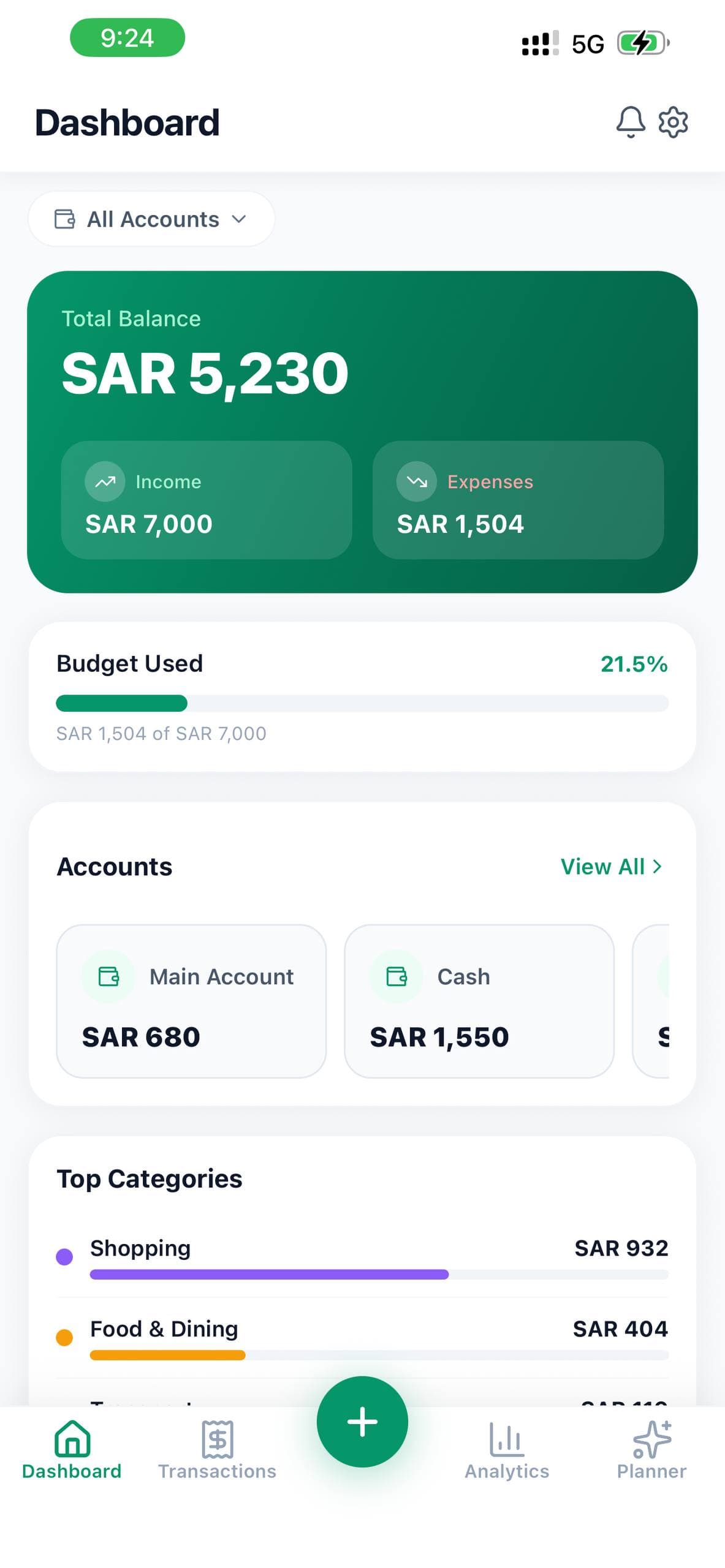 Modkharat mobile dashboard showing balance, budget progress, accounts, and top categories